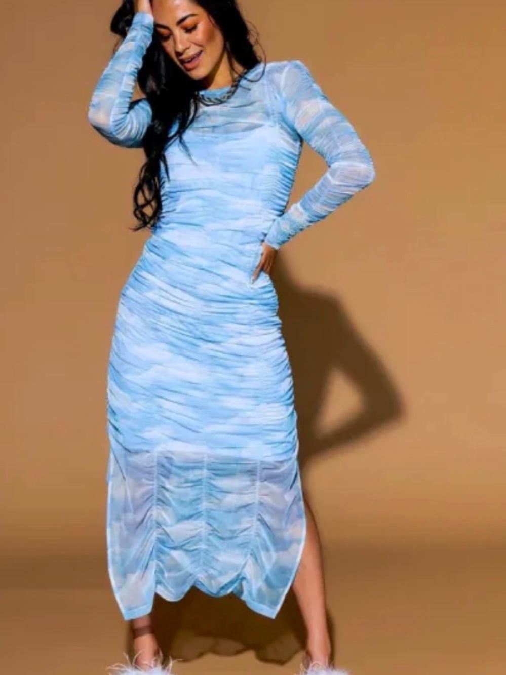 Dressed in LALA Sky Blue Clouds Ruched Mesh Midi Dress